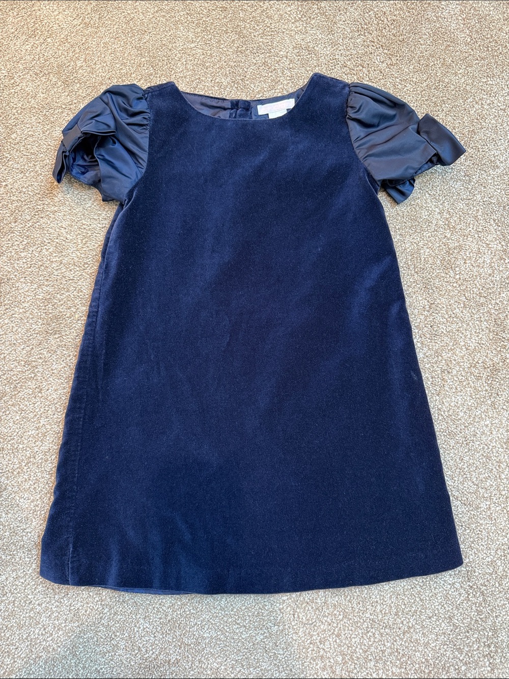 Janie and Jack Navy Velvet Dress with Satin Bow Puff Sleeves
